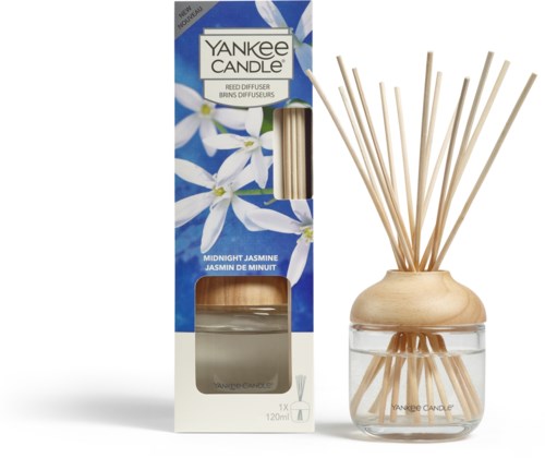 Yankee Candle doftdiffusor med jasmin doft och träpinnar i en glasburk.