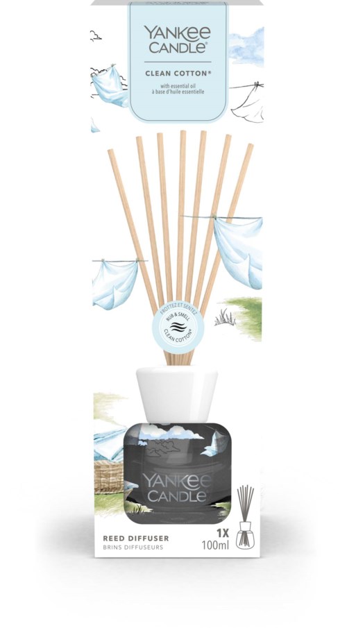 Yankee Candle dyfuzor do wnętrz o zapachu bawełny, patyczki w osłonce, opakowanie przedstawia chmury i liście.