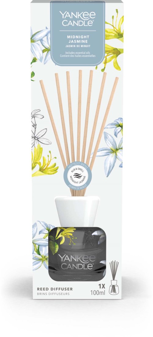 Eine Schachtel mit Duft-Reed-Diffusorsticks, einem schwarzen Behälter und Blumenmotiven auf der Verpackung.