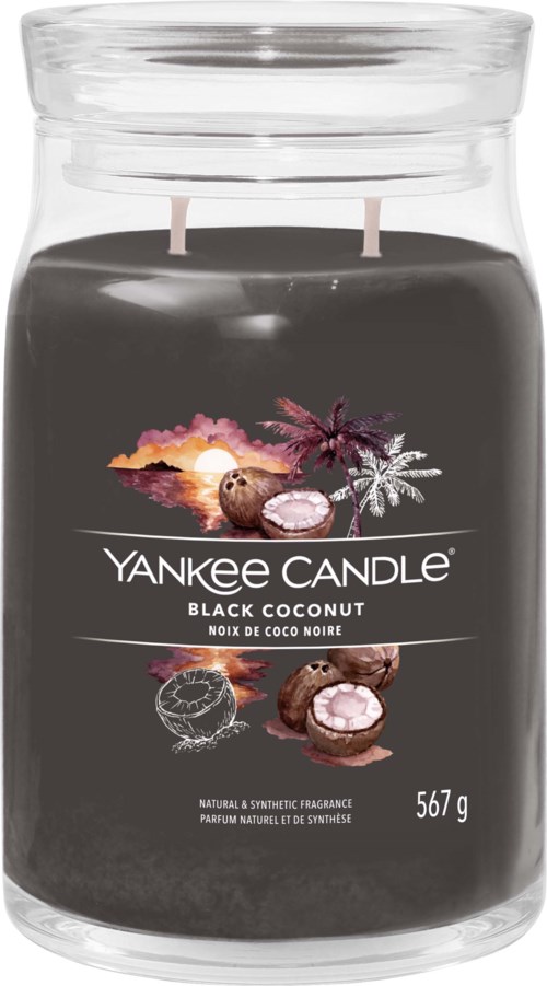 Et svart kokosduftlys i en klar glasskrukke med lokk, merket 'Yankee Candle' og 'Black Coconut'.