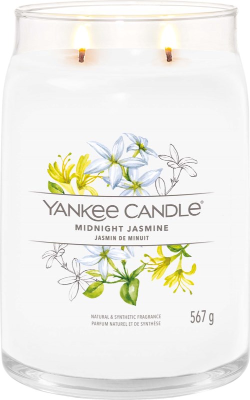 Świeca zapachowa z napisem "Yankee Candle Midnight Jasmine" z ilustracjami jaśminowych kwiatów. Dwa knoty się palą.