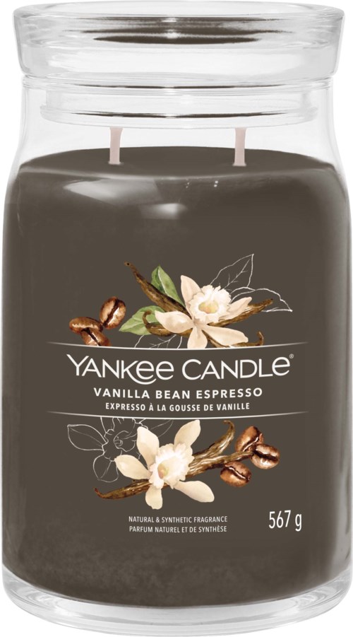 Czarny słoik Yankee Candle z wzorem kwiatów wanilii i ziaren, oznaczony 'Vanilla Bean Espresso'.