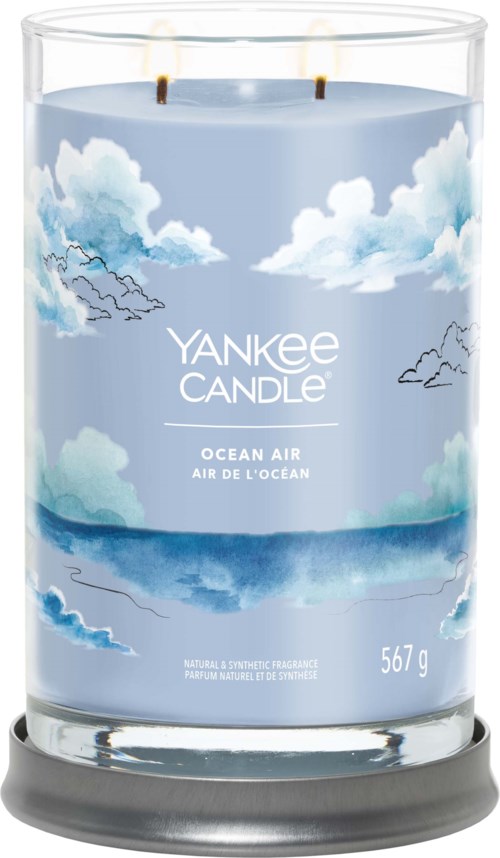 A Yankee Candle with a blue ocean and sky design, labeled 'Ocean Air'. It has two wicks and weighs 567 grams.