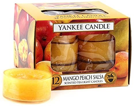 Förpackning med 12 mango persika salsa doftande tesljusstakar med synlig ananasdesign.
