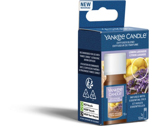 Tämä on Yankee Candle -ilmanraikasäilö pakkauksessa, jossa on kuvia sitruunasta ja laventelistä.