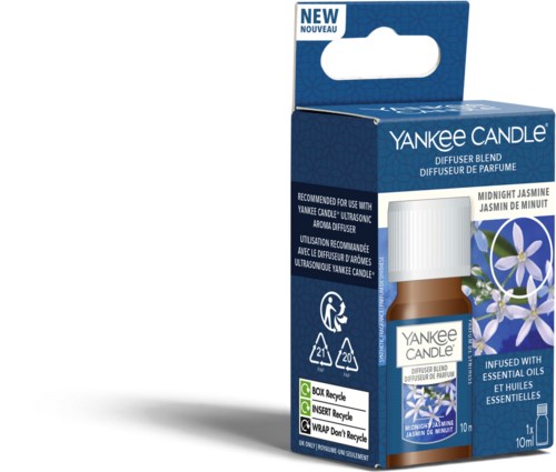A small brown bottle of Yankee Candle Midnight Jasmine diffuser inside a blue box with a handle, showing jasmine flowers.