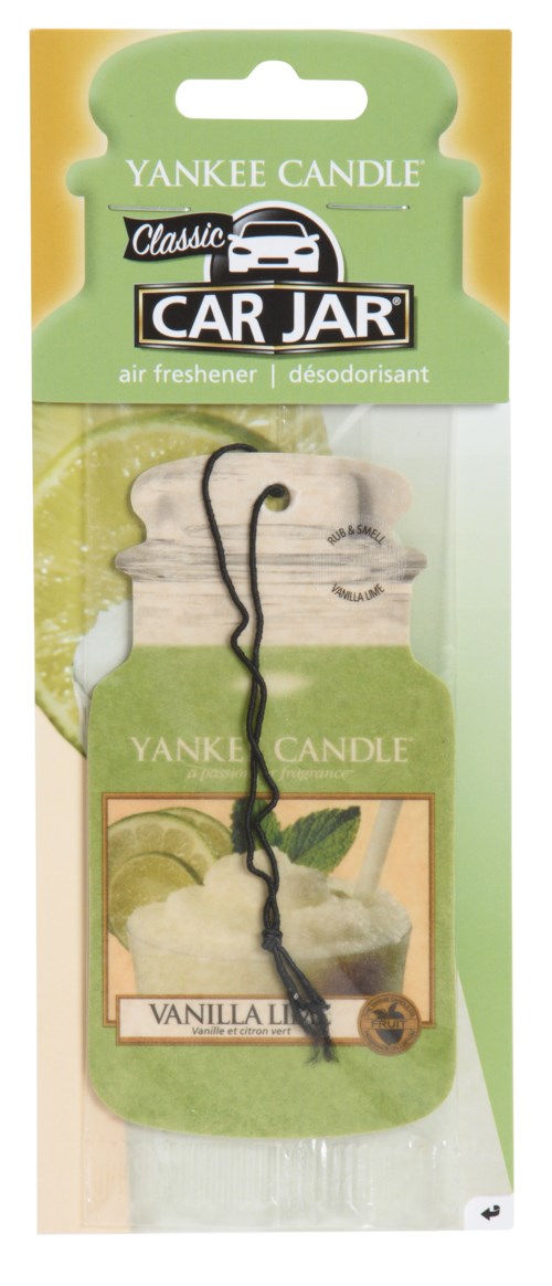 En vaniljsmakande luftfräschare i ett bilformat förpackning av Yankee Candle.
