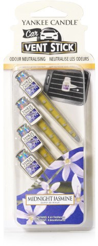 En vent stick luftfräschare med jasmin doft, innehåller fyra påfyllningsstavar, i ett blått, vitt och gult paket.