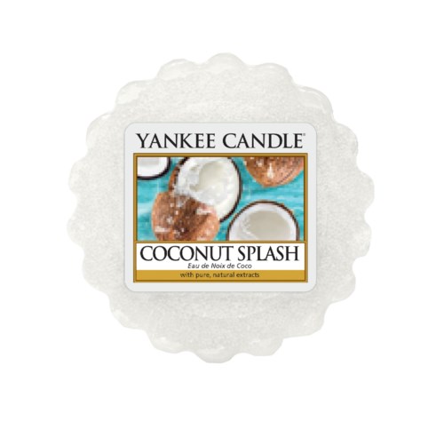 En Yankee Candle vaxsmälta som heter Coconut Splash med en bild av kokosnötter och blått vatten på etiketten.