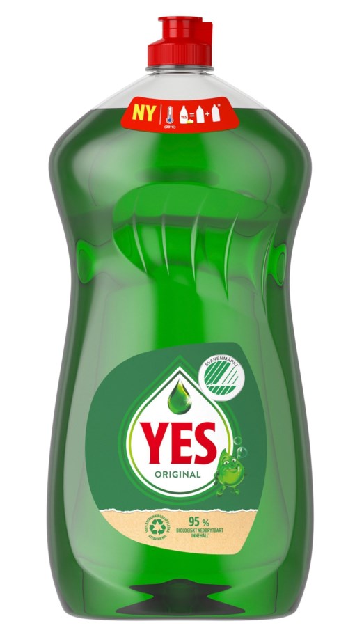 Eine grüne Spülmittelflasche mit rotem Deckel, mit einer Aufschrift "YES" und recycling-Symbolen.