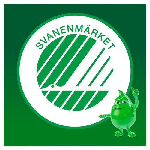 Ein grünes Logo mit dem Text "SVANENMÄRKET" und einer lachenden grünen Frucht, die Daumen hoch zeigt.