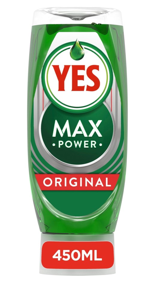 Eine grüne und weiße Flasche mit "YES MAX POWER ORIGINAL" und 450ML Volumen. Oben eine grüne Tropfen.