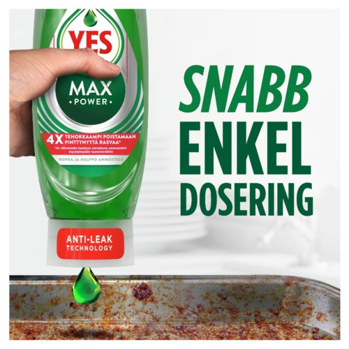 Eine Hand hält eine grüne Spülmittelflasche mit Text zu einfacher und schneller Reinigung. Im Hintergrund ist eine schmutzige Pfanne.