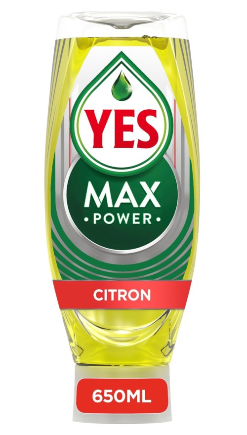 Eine Flasche mit 'YES MAX Power Citron' und 650 ml, enthält gelbe Flüssigkeit, mit grünen, roten und weißen Designelementen.