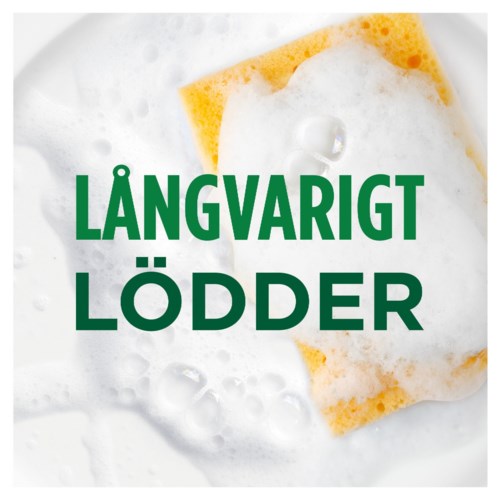 Ein Schwamm mit Seifenschaum und einem Reinigungsschwamm, mit fettem grünen Text "LÅNGVARIG LÖDDR".