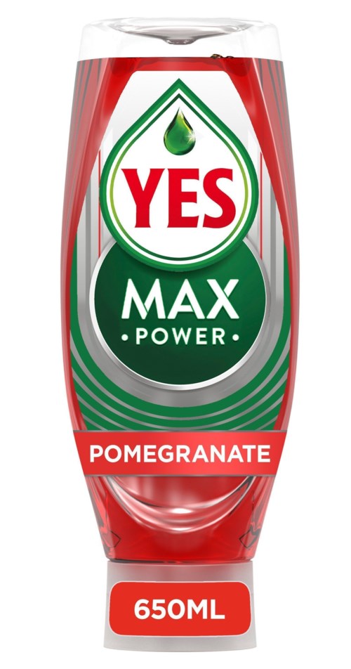 Pullossa on YES Max Power granaattiomenamehua, 650 ml, punainen ja vihreä etiketti.
