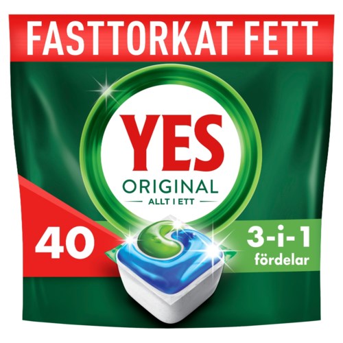 YES Original pesukones-tabletteja sisältävä pakkaus, merkitty nopeasti vaikuttavaksi, rasvanpoistoksi ja 3-in-1 eduiksi, vihreä, punainen ja sininen väreissä.