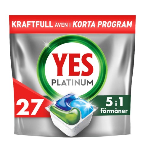 YES Platinum -astianpesujauhe 27 pesuun, punainen ja hopea pussi, lyhyt ohjelma.