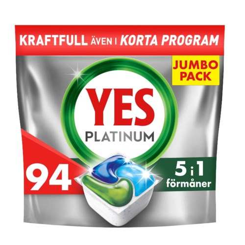 Pyykinpesuainemerkki punaisella tunnuksella, vihreällä ympyrällä ja lihavoidulla tekstillä. Tarjoaa 94 pesua ja on jumbo-pakkaus.