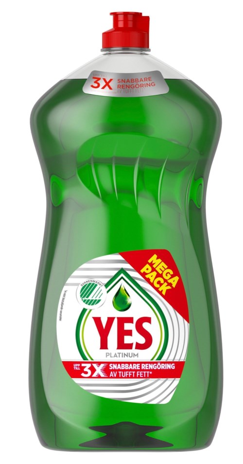 Vihreä tiskiainepullo punaisella korkilla, labeled 'YES,' korostaa 'MEGA PACK' ja '3X' puhdistusvoimaa.