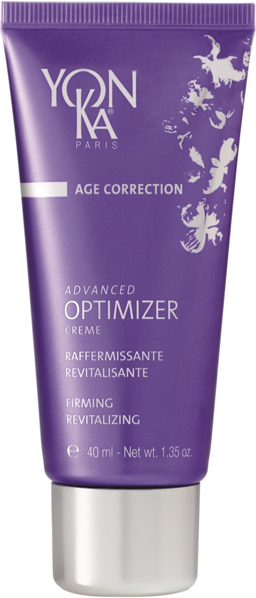 En lilla tube fra Yonka Paris Age Correction Advanced Optimizer krem med hvite og sølvfargede detaljer.
