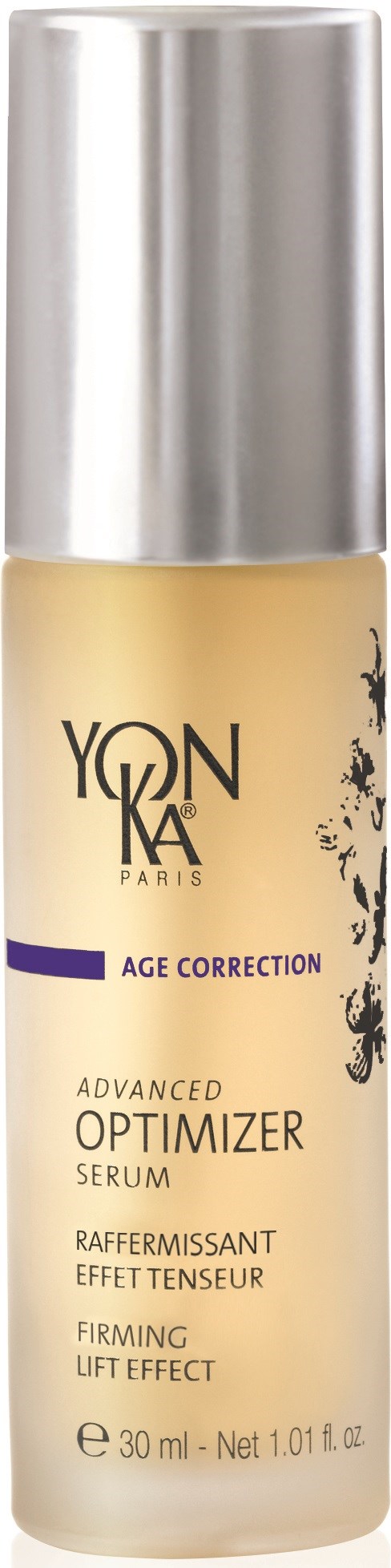 Butelka serum YonKa Age Correction Advanced Optimizer z srebrną nakrętką i beżową etykietą.