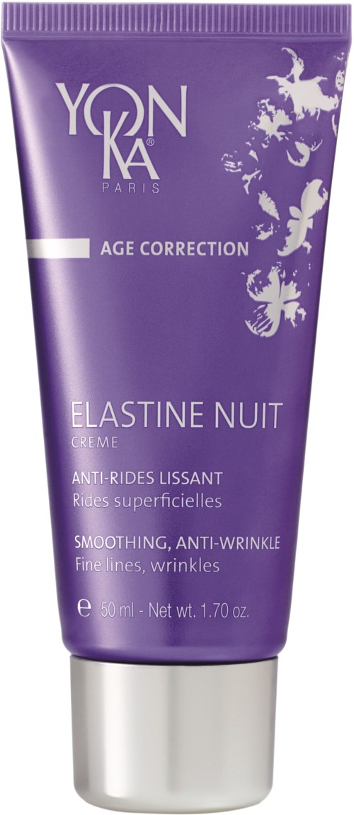 Fioletowa tubka kremu Yonka Age Correction Elastine Nuit z białym i srebrnym tekstem oraz grafiką lwa.