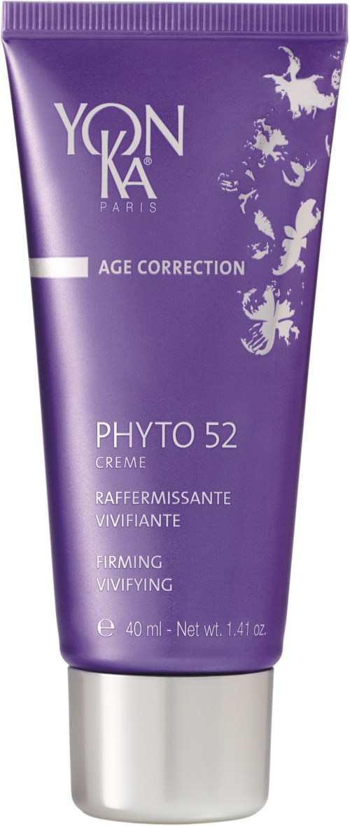 Violetti putkilopakkaus, jonka teksti 'Yonka Paris Age Correction Phyto 52,' siinä valkoisia ja hopeisia yksityiskohtia ja kukkakuvio.