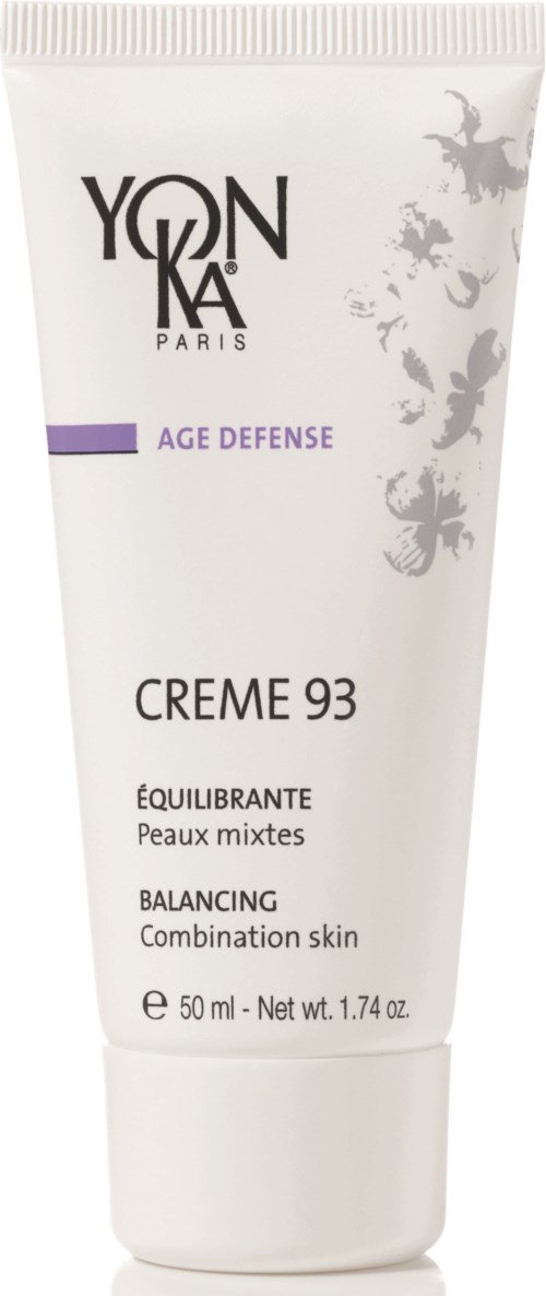 En hvit tube merket 'YON-KA PARIS' med lilla lilla stripe, nevner 'AGE DEFENSE' og 'CREME 93' for balansert kombinert hud.