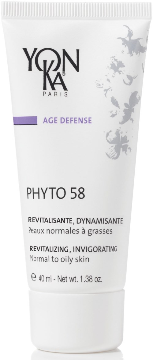 En vit hudvårdsrör med lila etikett, från Yonka Paris, för normal till oljig hud. Den heter PHYTO 58.