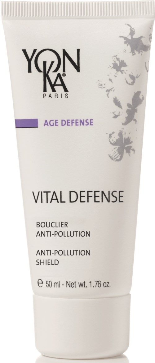 Biała tubka Yon-Ka Vital Defense Anti-Pollution Shield z fioletową etykietą, 50 ml, z liściastym wzorem.