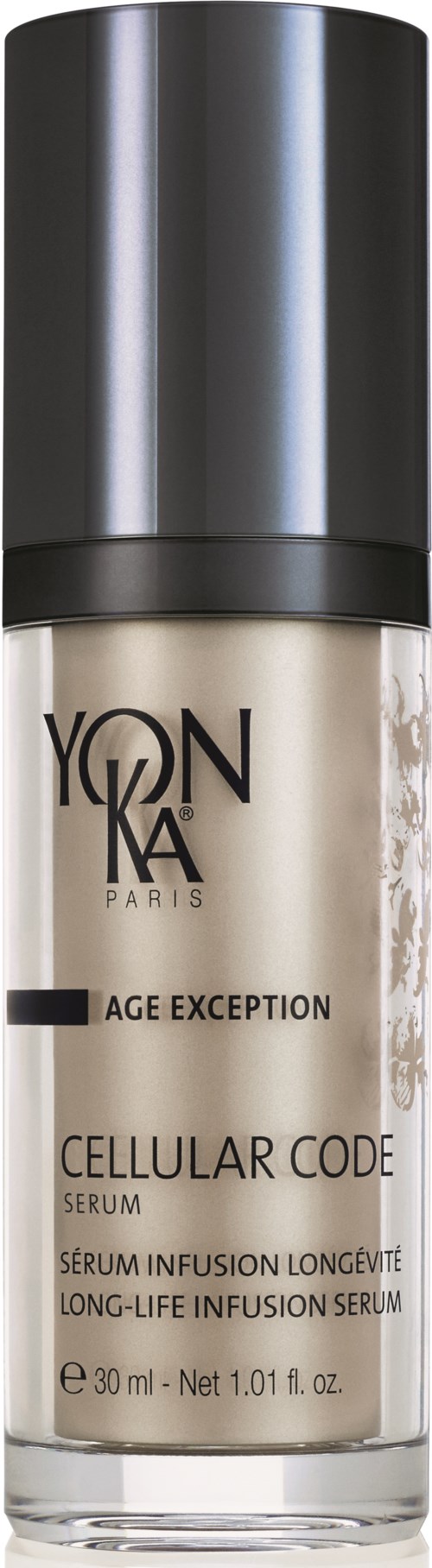 A beige serum bottle with black and silver cap, labeled 'Yon-Ka Paris Age Expection Cellular Code Serum' with 30 ml capacity.