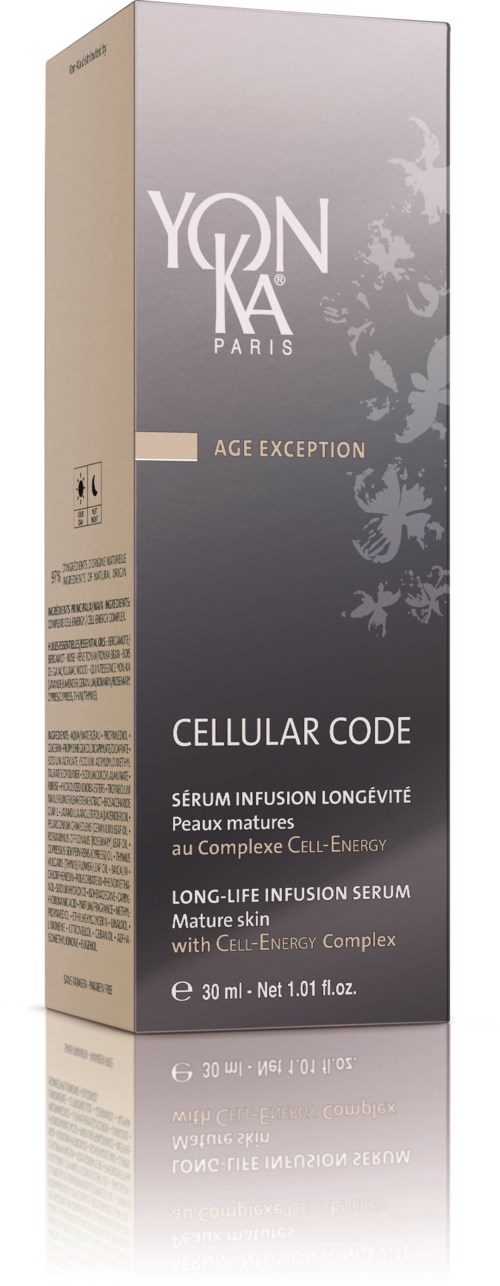 A health product box labeled 'YONKA PARIS Age Exemption Cellular Code Serum' for mature skin, 30 ml.