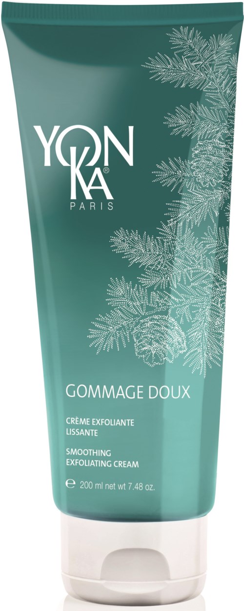 En teal tub med vit text och en tallgren-illustration, märkt för jämnande exfolierande kräm från YONKA Paris.