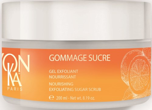 Förpackning med närande exfolierande sockerskrubb med apelsindoft, 200 ml. Märkningar på flera språk.