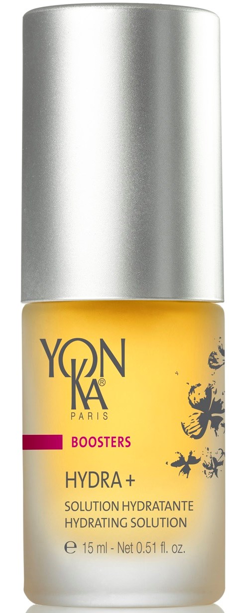 En liten gul flaske med sølvhette, merket 'YONKA BOOSTERS HYDRA+.'