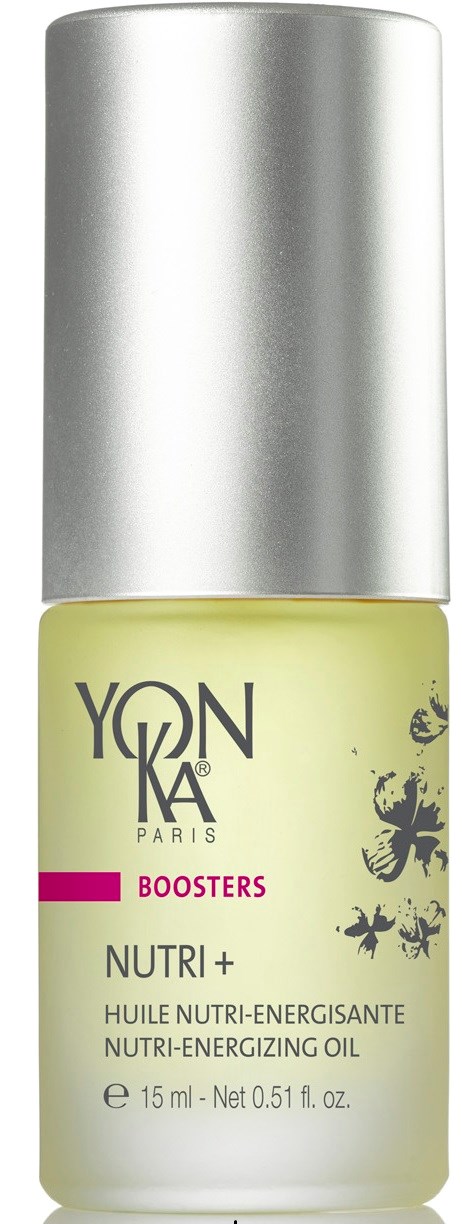 En liten gul flaske med sølvhette, merket "YONKA PARIS BOOSTERS NUTRI+ Nutri-energizing Oil."