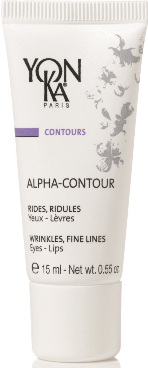 En vit tub med YONKA Paris Alpha-Contour-kräm med drakeillustrationer, märkt för ögon och läppar, 15 ml.