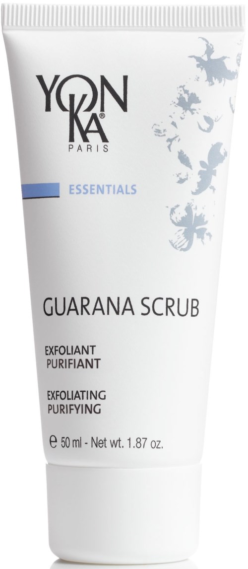 En hvit tube med Yonka Paris Guarana Scrub med blå og svart tekst, og en blå stripe. Det er en ansiktsskrubb.