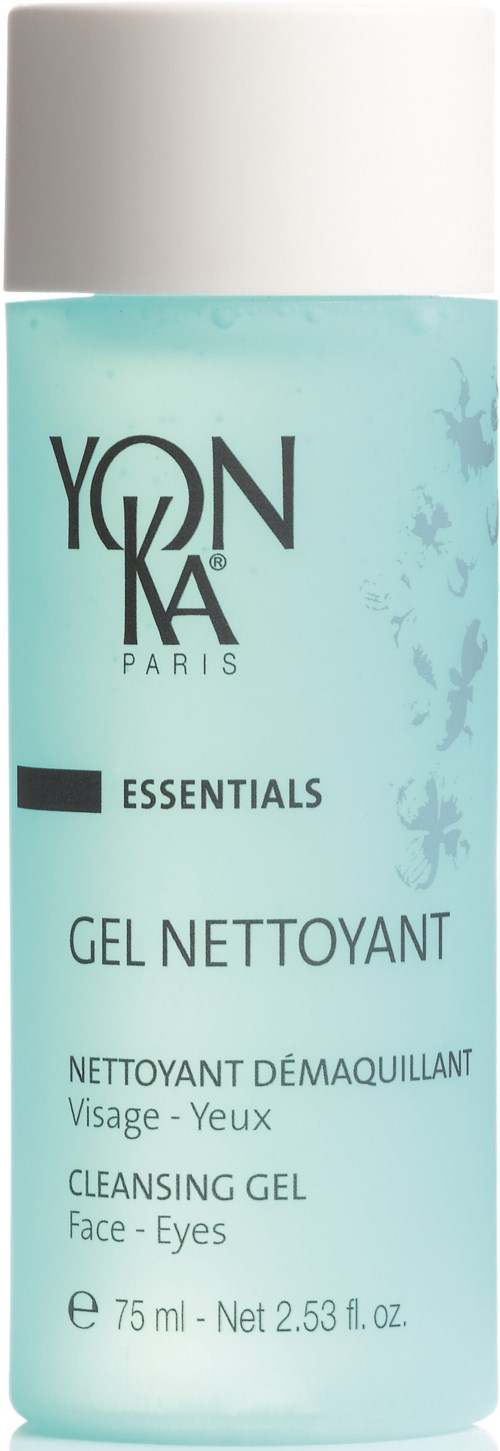 En ljusblå rengöringsgel-flaska med vit kork, märkt som Yonka Paris Essentials för ansikte och ögon, 75 ml.