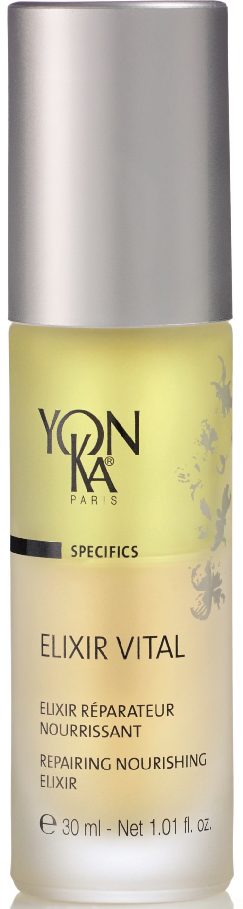 En liten flaske med sølvhatt, merket Yonka Paris, kalt Elixir Vital, en nærende og reparerende eliksir for huden.