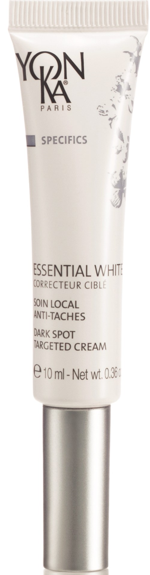 En tube med hudpleie krem merket 'Yon-Ka Paris Essential White' for mørke flekker og hudtone. Sølvhette og hvit emballasje.