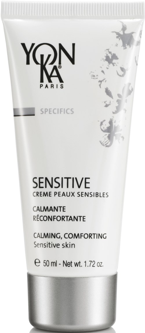 En vit tube från YONKA Paris Sensitive Calming Cream för känslig hud, 50 ml. Enkel design med text och logotyp.