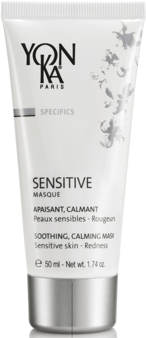 En tube med beroligende og beroligende maske for sensitiv hud fra Yonka Paris med grått og hvitt design.