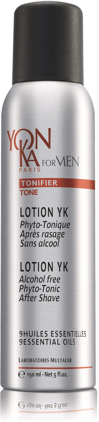 Pitkä hopea pullo mustalla kannella, merkitty 'YONKA FOR MEN' ja 'TONIC, LOTION YK, Alkoholiton' After Shaveksi.
