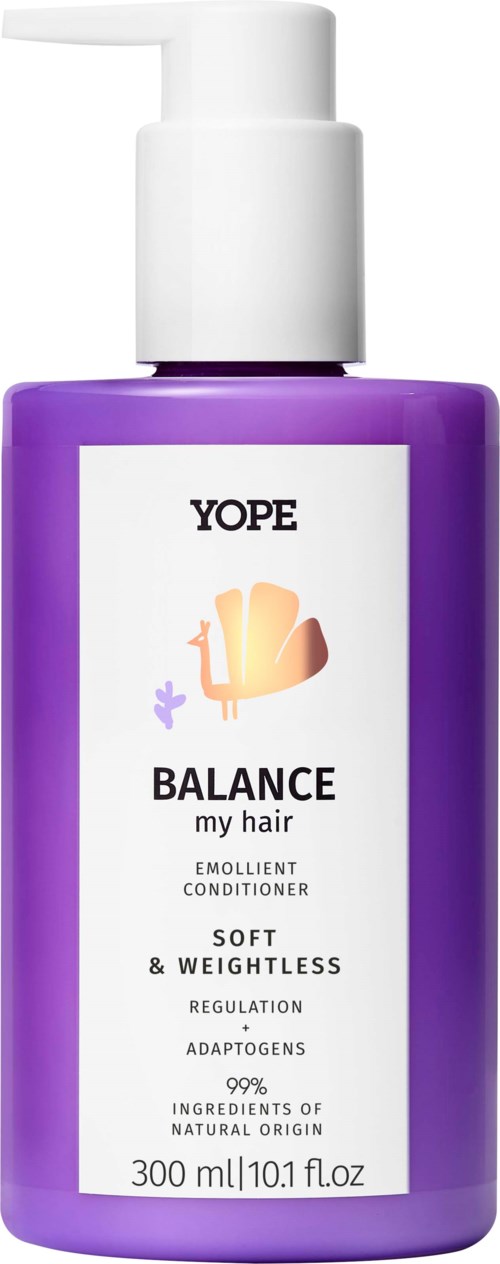 En lila flaska med pump, märkt 'YOPE BALANCE my hair' balsam, understryker mjukhet och lätt känsla.