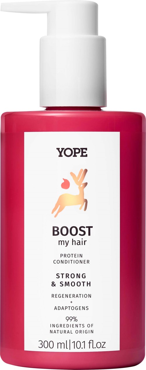 Różowa butelka odżywki do włosów z napisem "YOPE BOOST my hair" z ilustracją kozy i szczegółami produktu.