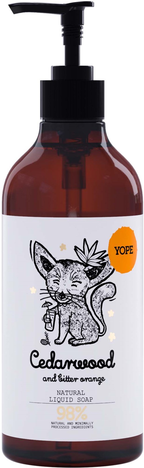 En brun flytande tvålblandning med svart pump, med en söt kattillustration och ett orange Yope-märke.