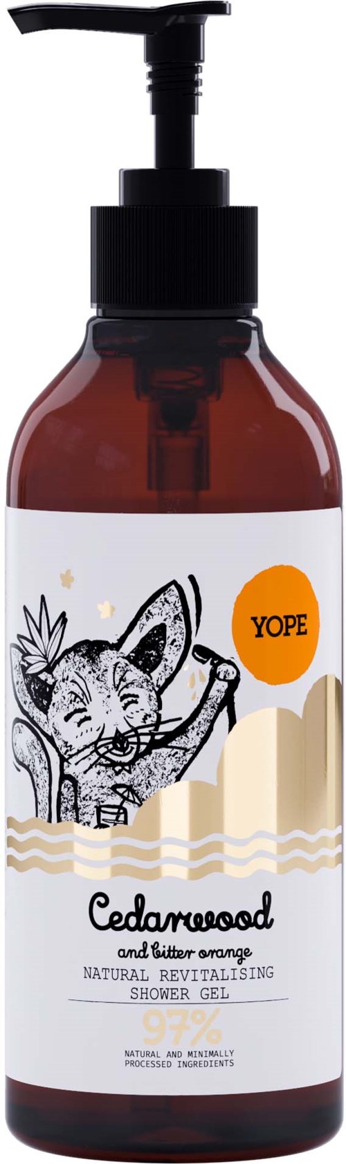 En brun flaska med pump, märkt Cedarwood och lavendel duschgel, med en söt djurillustration och enkel text.