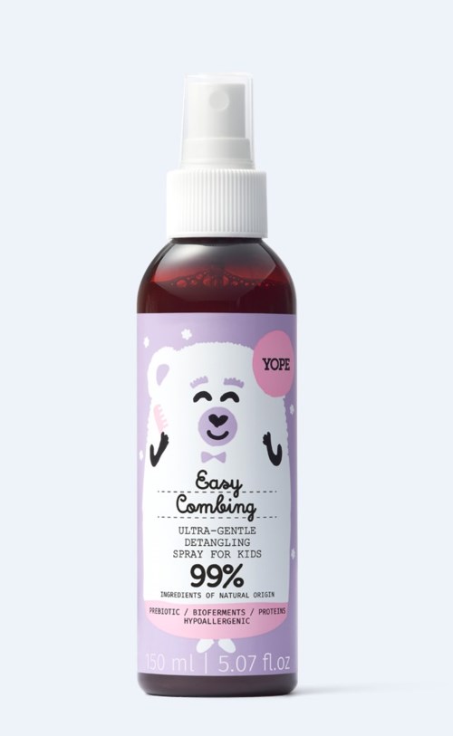A brown spray bottle with a white pump and a label showing a cute bear, named "YOFI," for kids. It says "Easy Combining."